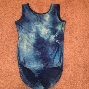 blue and silver gymnastics leotard